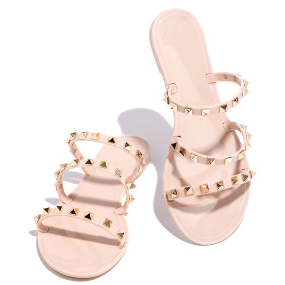 NEW Nude Gold Studded Open Toe Jelly Slide Sandal Flip Flops Triple Strap Flat - Picture 4 of 6